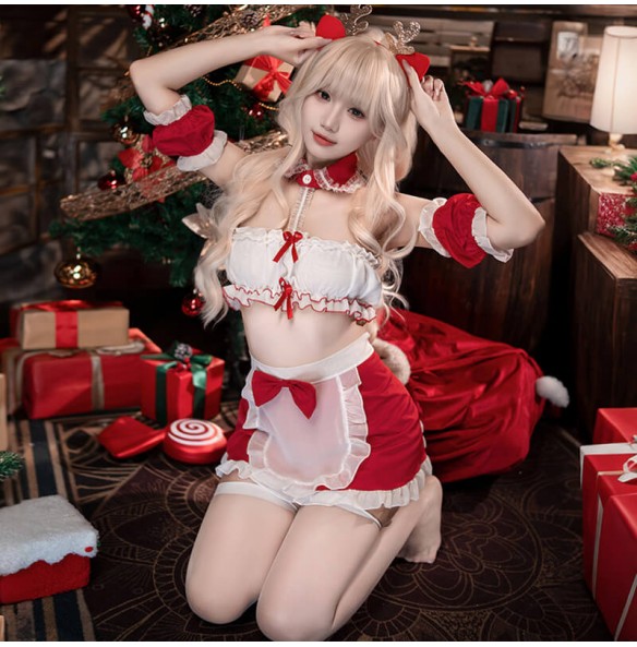 FEE ET MOI - Maid Open-Crotch Costume (White - Red) FEE ET MOI - Maid Open-Crotch Costume (White - Red)